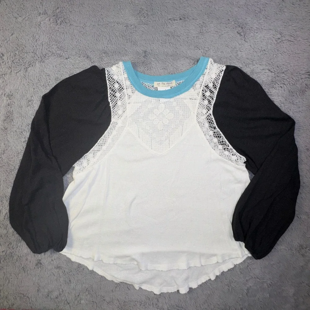 We The Free People Boho Lace Yoke Linen Swing Top Puff Sleeve Shirt Womens Small